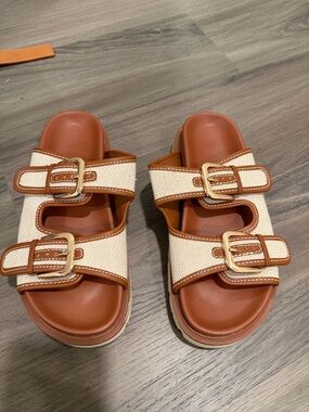 H&M Tan and Cream Double-Buckle Slide Sandals